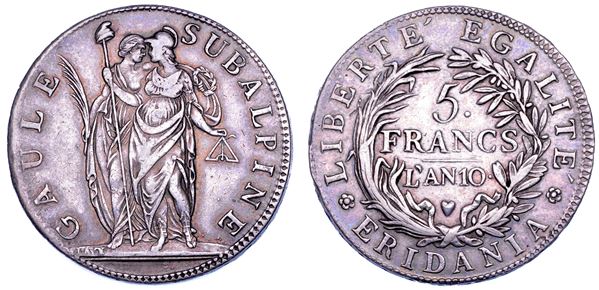 TORINO. REPUBBLICA SUBALPINA, 1800-1802. 5 Franchi AN. 10.