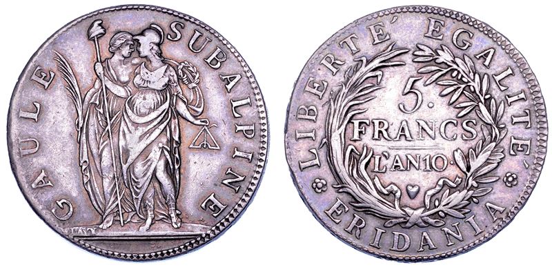 TORINO. REPUBBLICA SUBALPINA, 1800-1802. 5 Franchi AN. 10.  - Asta Numismatica - Cambi Casa d'Aste