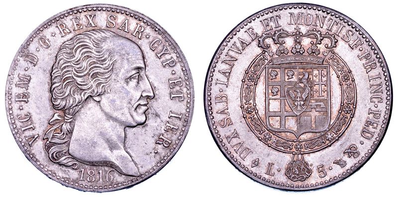 REGNO DI SARDEGNA. VITTORIO EMANUELE I DI SAVOIA, 1802-1821. 5 Lire 1816. Torino.  - Asta Numismatica - Cambi Casa d'Aste