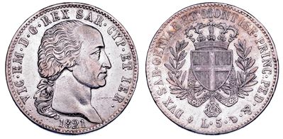 Regno di Sardegna, Vittorio Emanuele I di Savoia, Moneta da 5 Lire, 1821, Torino