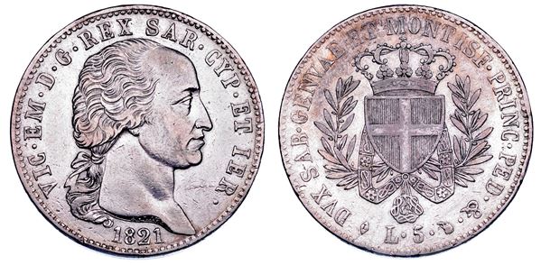 REGNO DI SARDEGNA. VITTORIO EMANUELE I DI SAVOIA, 1802-1821. 5 Lire 1821. Torino.