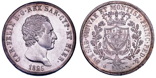 REGNO DI SARDEGNA. CARLO FELICE DI SAVOIA, 1821-1831. 5 Lire 1826. Torino