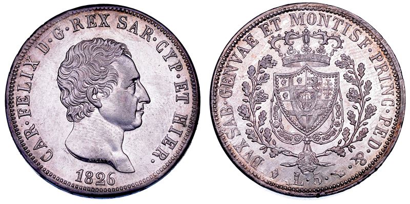 REGNO DI SARDEGNA. CARLO FELICE DI SAVOIA, 1821-1831. 5 Lire 1826. Torino  - Asta Numismatica - Cambi Casa d'Aste