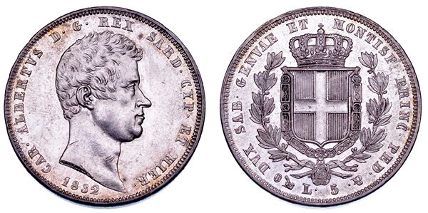 REGNO DI SARDEGNA. CARLO ALBERTO DI SAVOIA, 1831-1849. 5 Lire 1832. Genova.