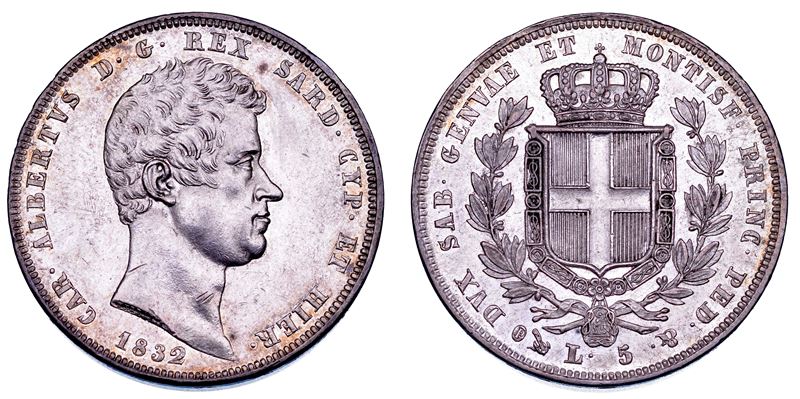 REGNO DI SARDEGNA. CARLO ALBERTO DI SAVOIA, 1831-1849. 5 Lire 1832. Genova.  - Auction Numismatics - Cambi Casa d'Aste