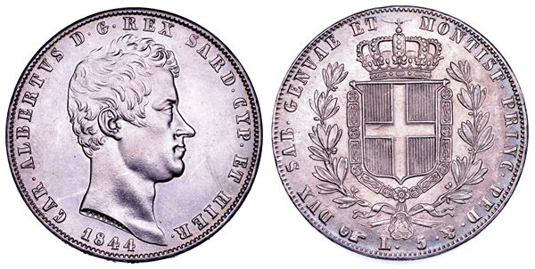 REGNO DI SARDEGNA. CARLO ALBERTO DI SAVOIA, 1831-1849. 5 Lire 1844. Torino.