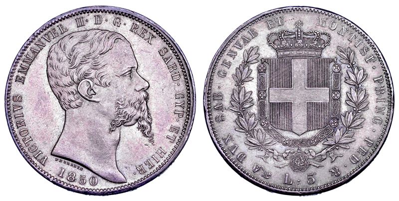 REGNO DI SARDEGNA. VITTORIO EMANUELE II DI SAVOIA, 1849-1861. 5 Lire 1850. Genova.  - Auction Numismatics - Cambi Casa d'Aste