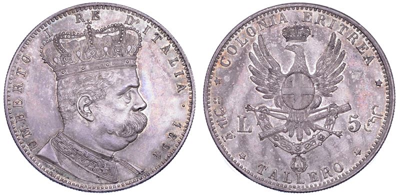 REGNO D'ITALIA. COLONIA ERITREA. UMBERTO I DI SAVOIA, 1890-1896. Tallero 1891.  - Auction Numismatics - Cambi Casa d'Aste