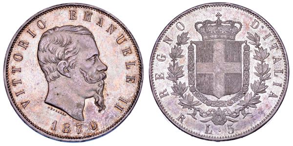 REGNO D'ITALIA. VITTORIO EMANUELE II DI SAVOIA, 1861-1878. 5 Lire 1870. Roma.