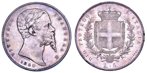 RE ELETTO. VITTORIO EMANUELE II DI SAVOIA, 1859-1861. 5 Lire 1860. Bologna.