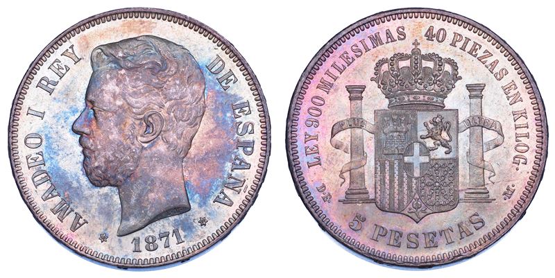 SPAGNA. AMEDEO I, 1871-1873. 5 Pesetas 1871 (1874).  - Asta Numismatica - Cambi Casa d'Aste