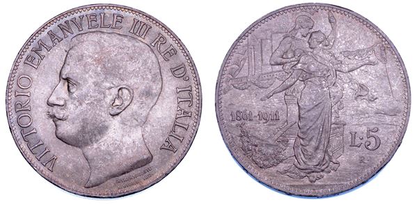 REGNO D’ITALIA. VITTORIO EMANUELE III DI SAVOIA, 1900-1946. 5 Lire 1911. Cinquantenario.