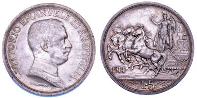 Regno d'Italia, Vittorio Emanuele III di Savoia, 5 Lire 1914, Quadriga briosa