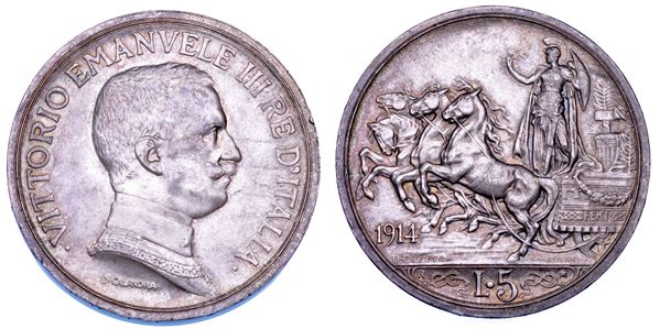 REGNO D’ITALIA. VITTORIO EMANUELE III DI SAVOIA, 1900-1946. 5 Lire 1914. Quadriga briosa.