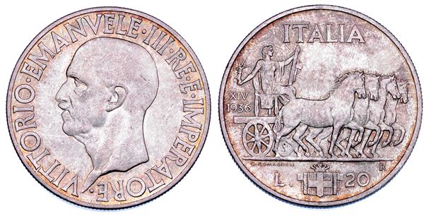 REGNO D’ITALIA. VITTORIO EMANUELE III DI SAVOIA, 1900-1946. 20 Lire 1936/A. XIV. Impero.