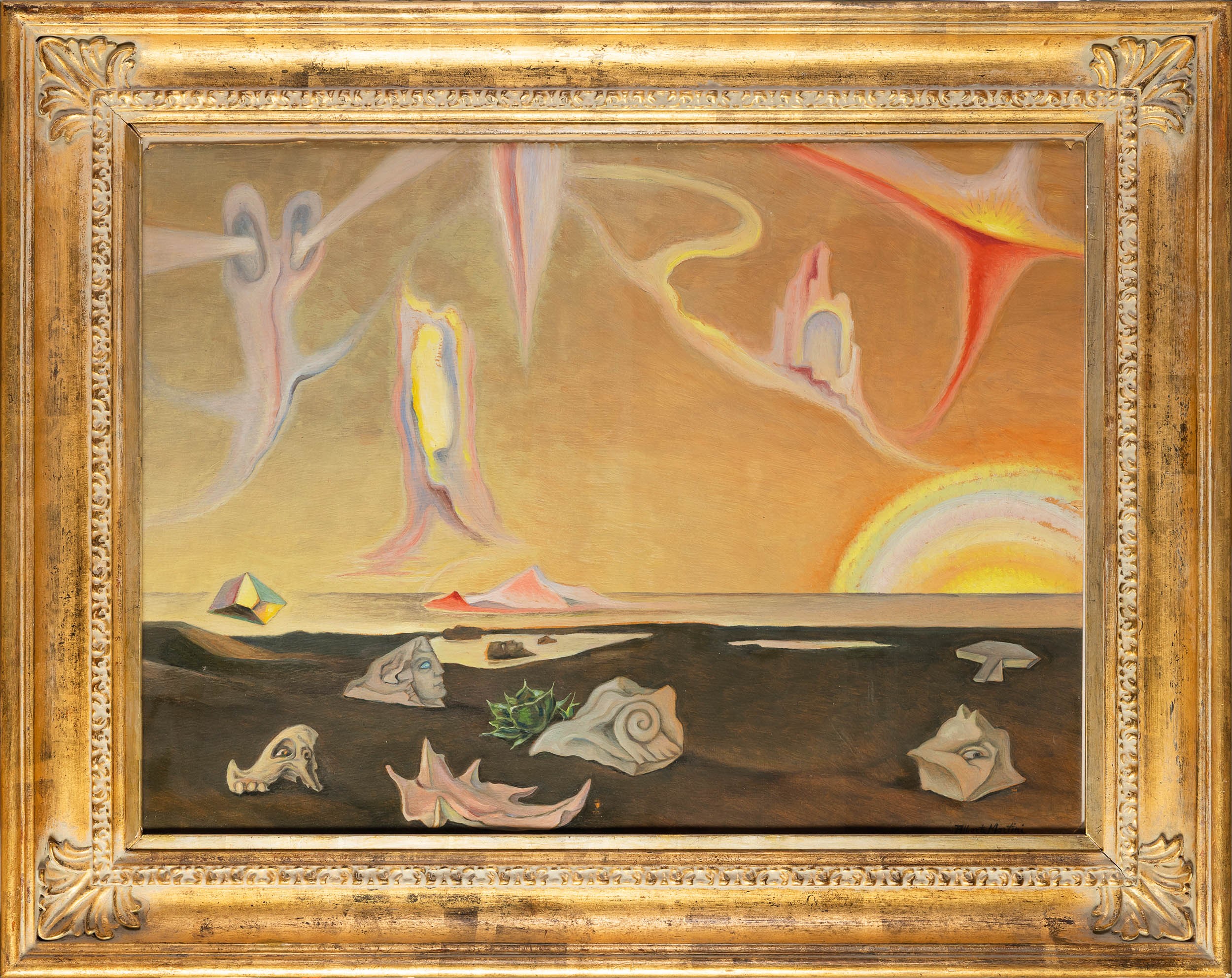 Alberto Martini - Plage et ciel magique - la spiaggia abbandonata, olio su cartone