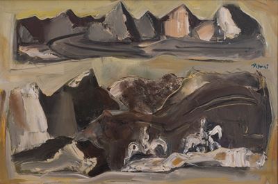 Paesaggio con montagne e cavalli e cavalieri, olio su tela