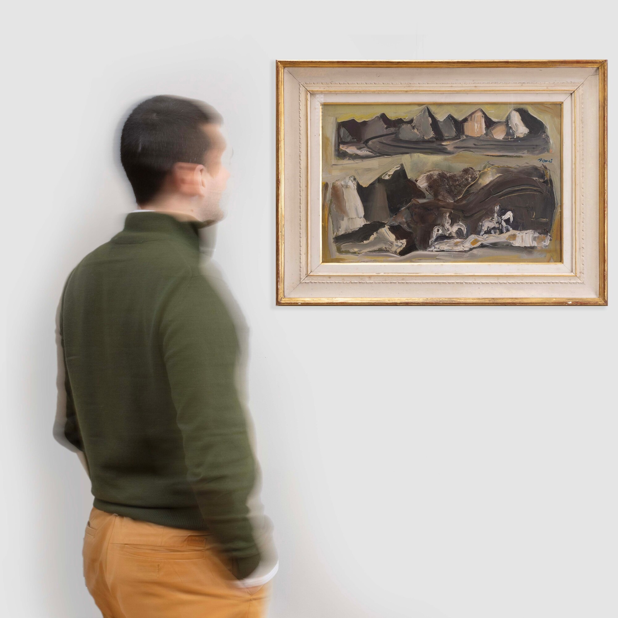 Mario Sironi - Paesaggio con montagne e cavalli e cavalieri, olio su tela