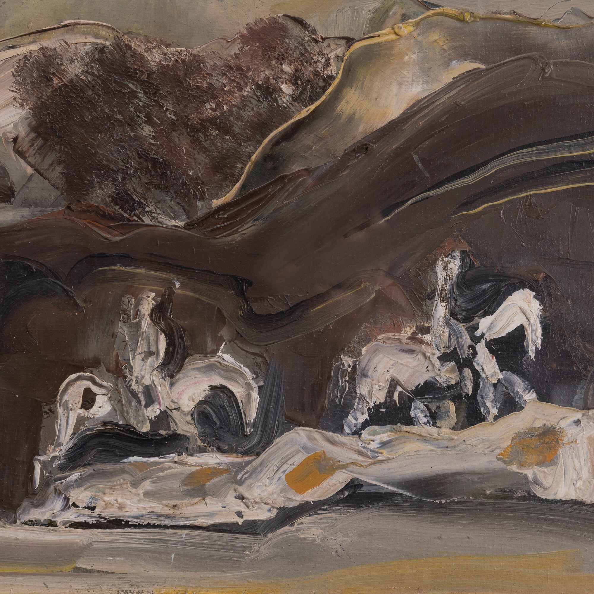 Mario Sironi - Paesaggio con montagne e cavalli e cavalieri, olio su tela