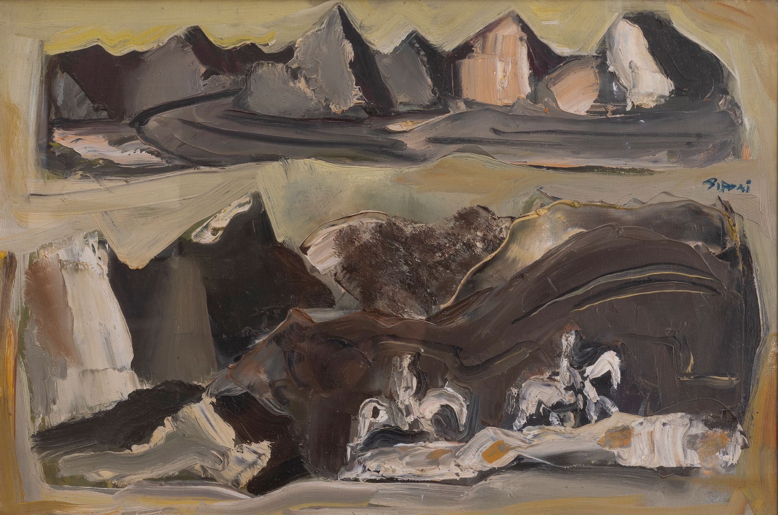 Mario Sironi - Paesaggio con montagne e cavalli e cavalieri, olio su tela