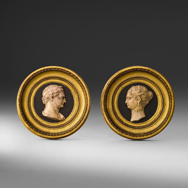 Coppia di profili raffiguranti l'imperatore Claudio e l'imperatrice Valeria Messalina. Arte neoclassica italiana (Roma?), XVIII secolo