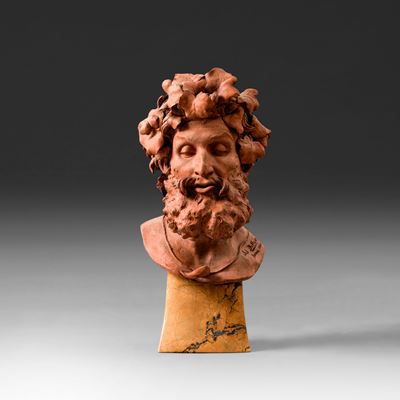 Juliene Dillens, Bacco - Terracotta modellata con base in marmo giallo, 1881