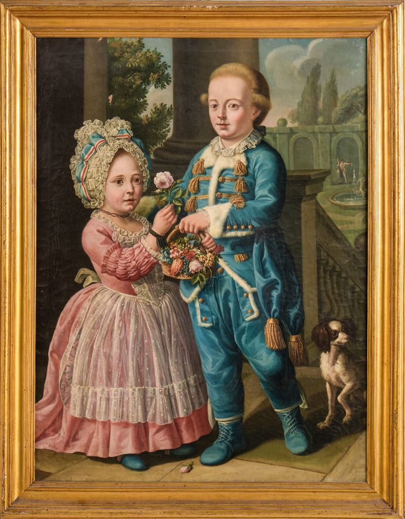 Sebastiano Ceccarini : Ritratto di infanti con cagnolino e cesto di fiori  - olio su tela - Asta La Raccolta di Arti Antiche del Professore Ferdinando Cappelletti - Cambi Casa d'Aste