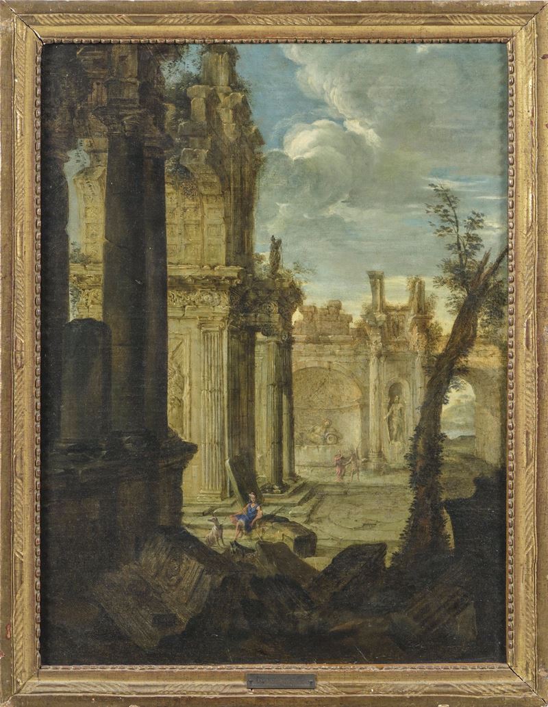 Pierre Patel : Capriccio con rovine classiche e figure  - olio su tela - Asta La Raccolta di Arti Antiche del Professore Ferdinando Cappelletti - Cambi Casa d'Aste