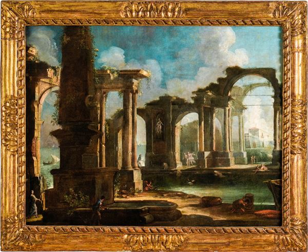Gennaro Greco detto il Mascacotta - Capriccio con rovine classiche e figure in riva a un corso d’acqua