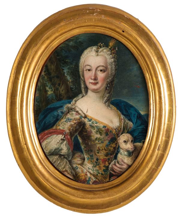 Ritratto di gentildonna con drappo blu e piccolo levriero