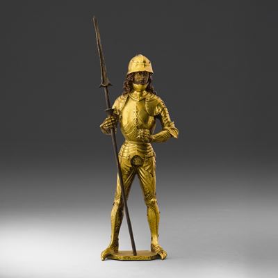 Scultore tedesco, Uomo d'arme in bronzo fuso, cesellato, dorato e dipinto, Germania, XIX secolo