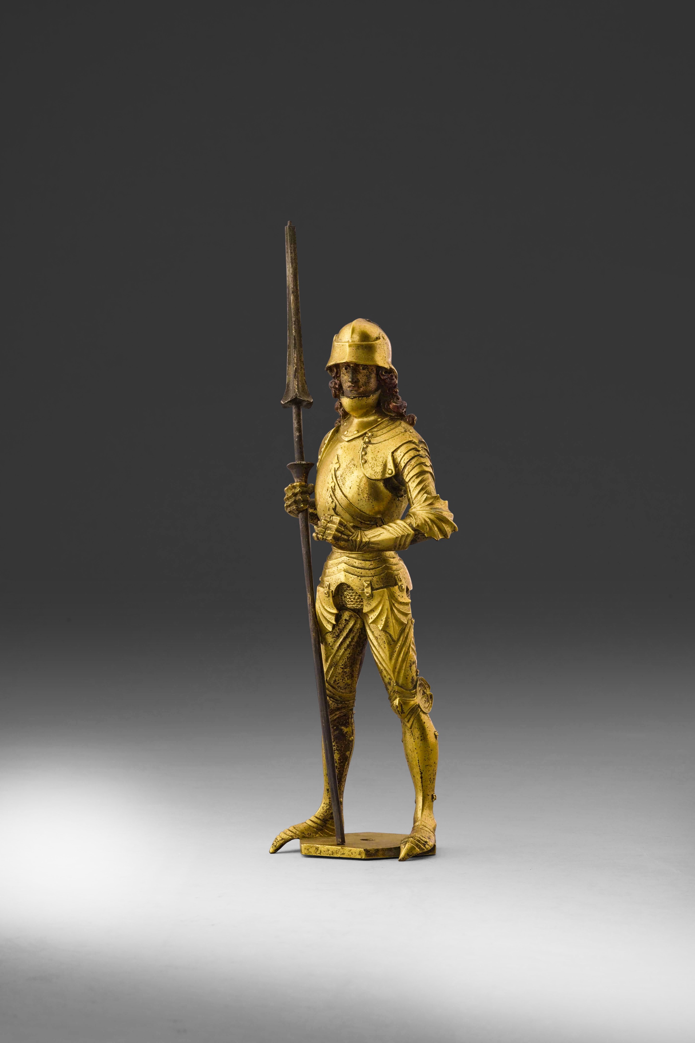 Scultore tedesco, Uomo d'arme in bronzo fuso, cesellato, dorato e dipinto, Germania, XIX secolo