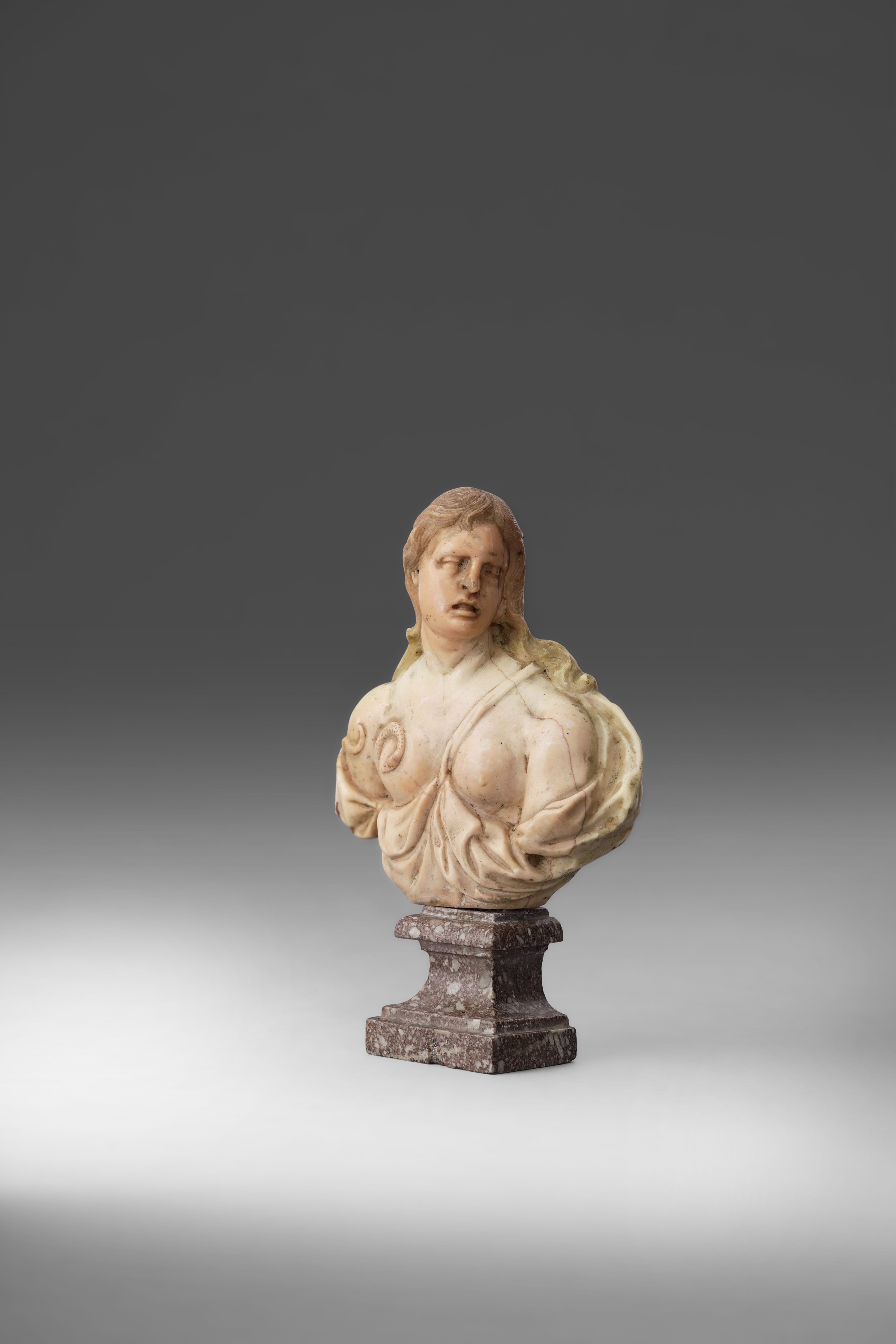 Autore sconosciuto, Cleopatra in marmo giallo antico con base in breccia rossa