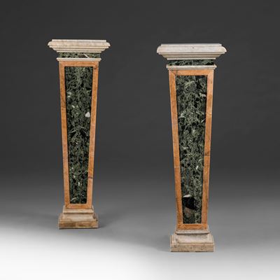 Coppia di erme reggibusto, marmo verde antico, giallo antico e bianco, Italia, XIX-XX secolo