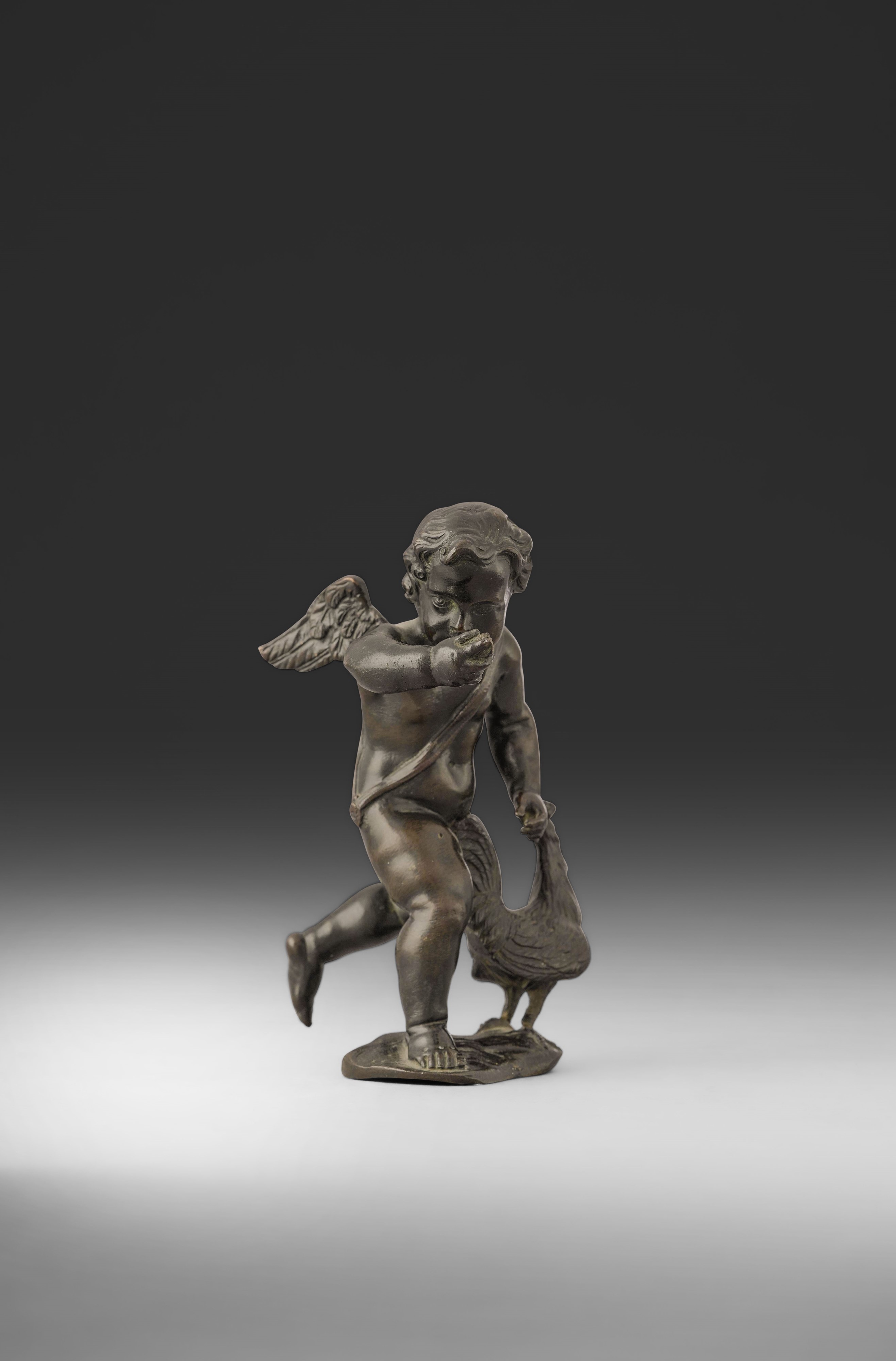 Amorino con gallo, scultura in bronzo fuso e patinato del XVII secolo