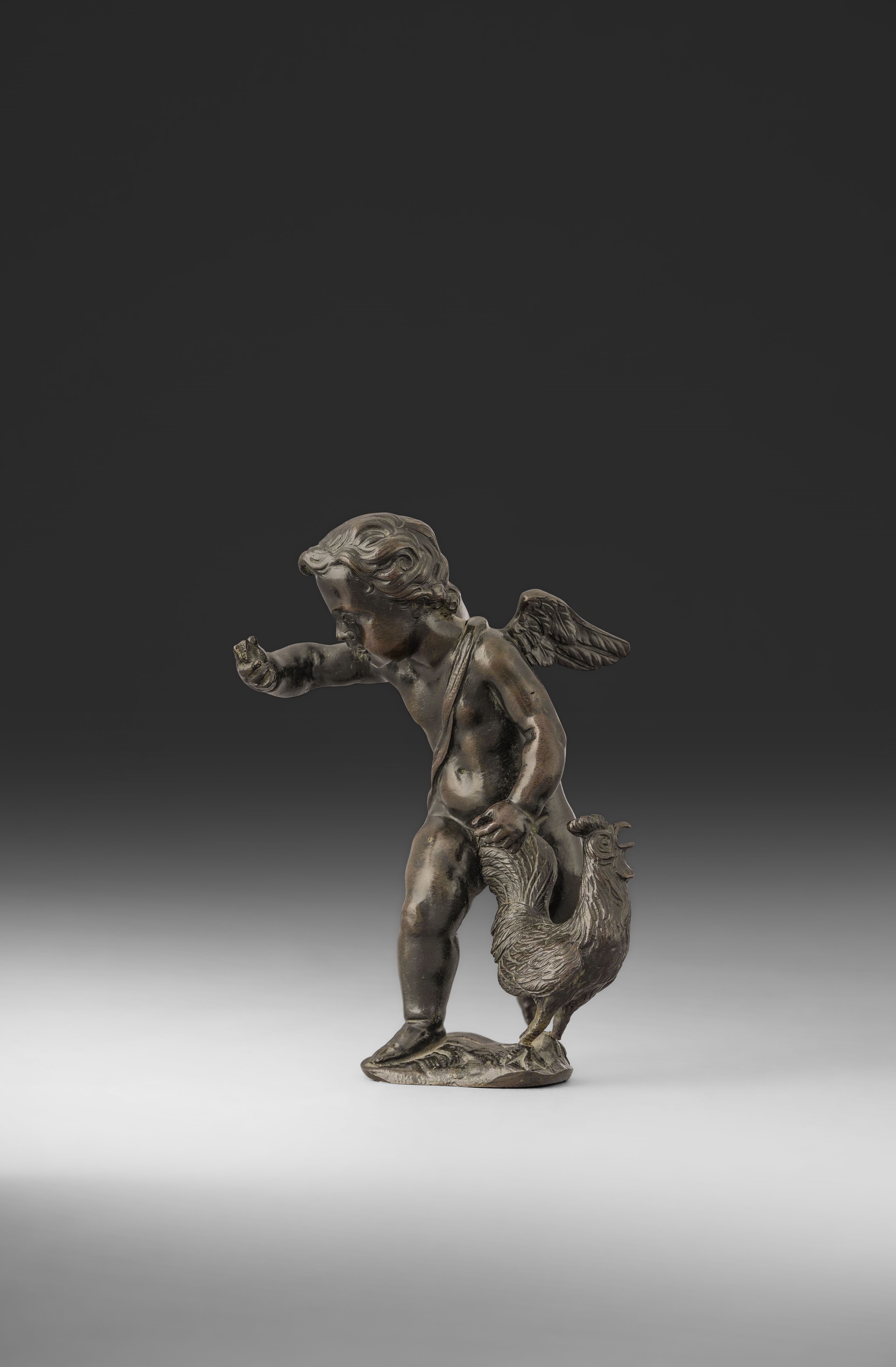 Amorino con gallo, scultura in bronzo fuso e patinato del XVII secolo