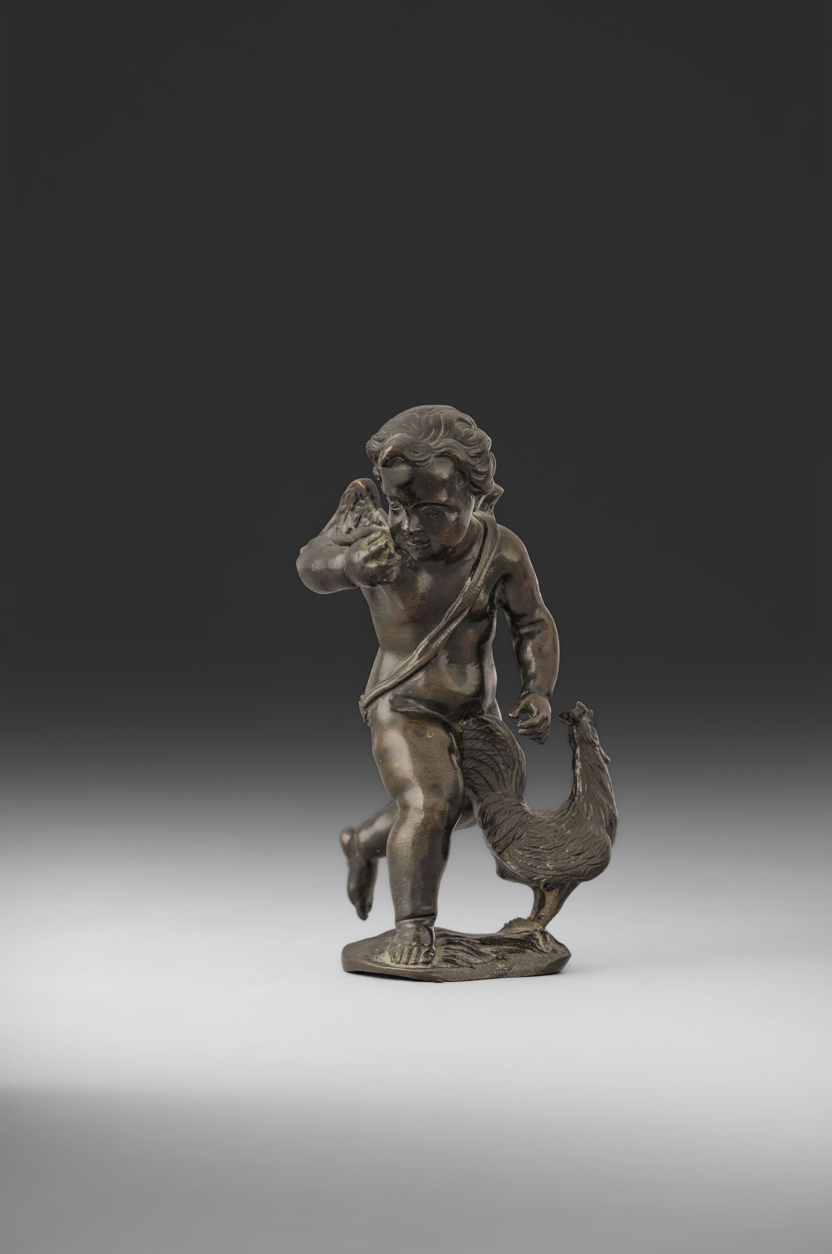 Amorino con gallo, scultura in bronzo fuso e patinato del XVII secolo
