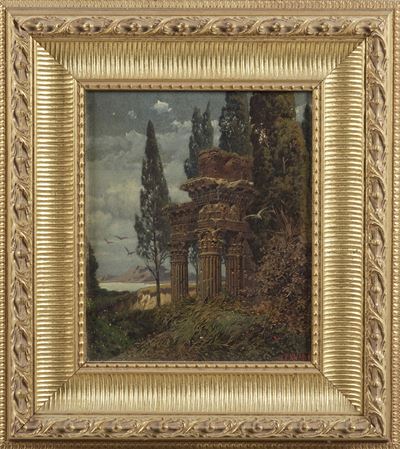 Paesaggio con colonne, olio su tela