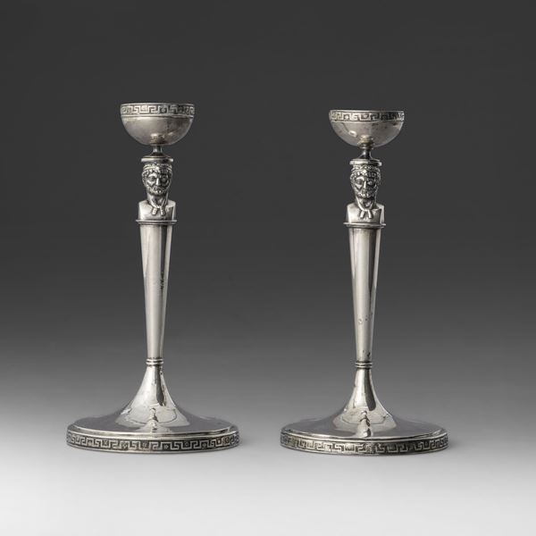 Silver candlesticks with double-faced herms, Rome, 1800s