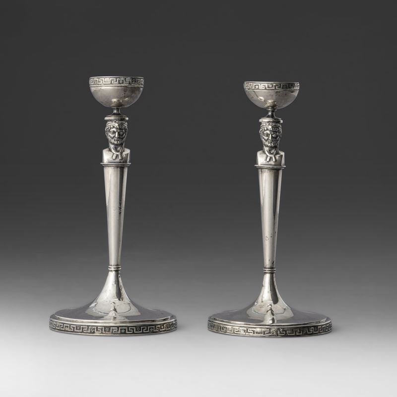 Silver candlesticks with double-faced herms, Rome, 1800s  - Auction Professor Ferdinando Cappelletti's Fine Art Collection - Cambi Casa d'Aste