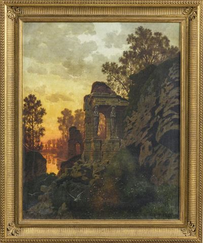 Rovine al tramonto, olio su tela