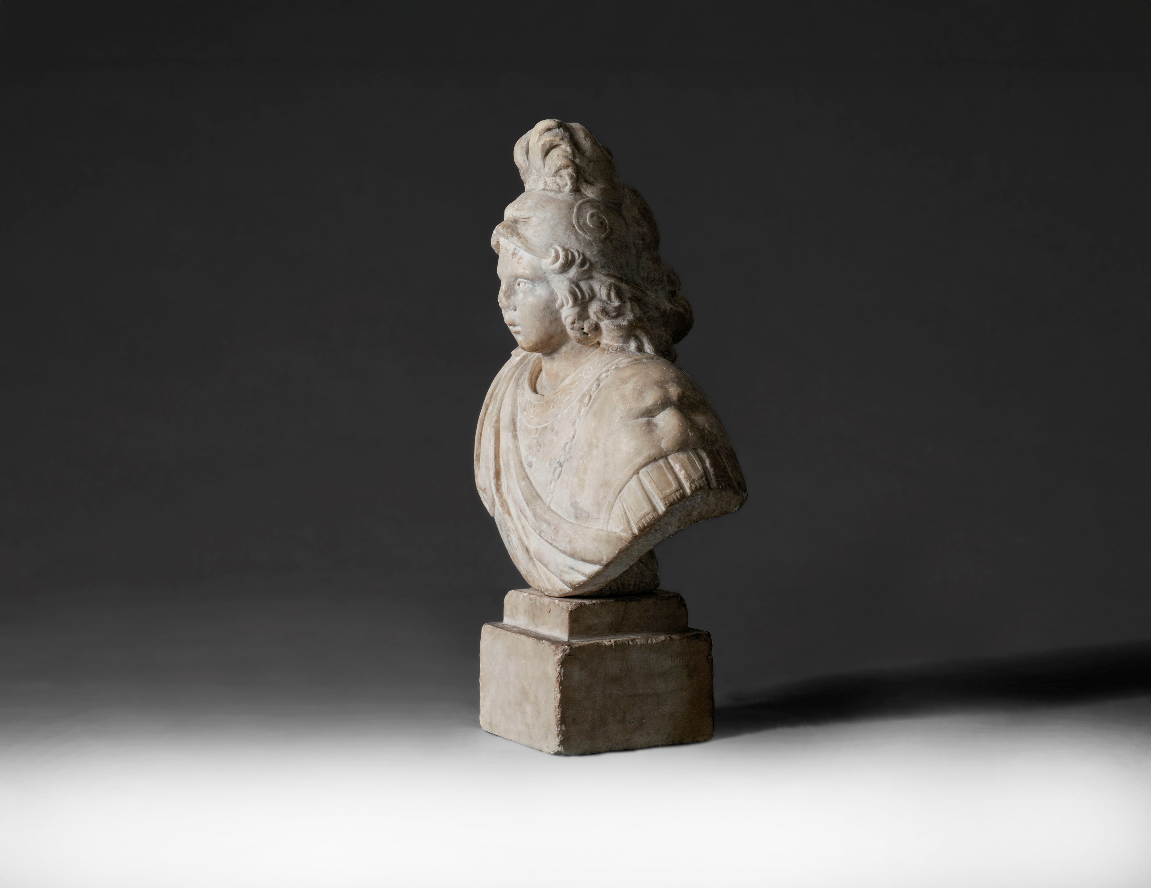 Attribuito a un Maestro del XVI secolo, Busto di giovane in armatura e cimiero (attribuito ad Ale...
