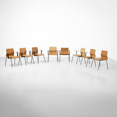 Set di otto sedie, struttura in legno e parti in metallo laccato, Italia, 1980 ca.