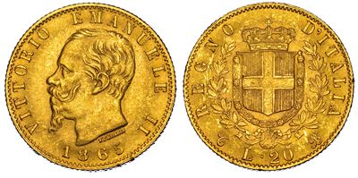 Regno d'Italia, Vittorio Emanuele II di Savoia, 20 Lire 1865, Torino, Oro