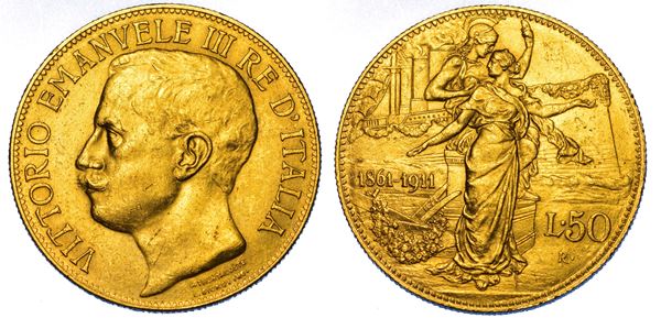 REGNO D'ITALIA. VITTORIO EMANUELE III DI SAVOIA, 1900-1946. 50 Lire 1911. Cinquantenario.