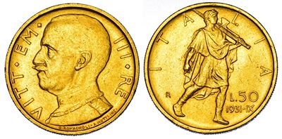 Regno d'Italia, Vittorio Emanuele III di Savoia, 50 lire 1931/A, IX. Littore, oro