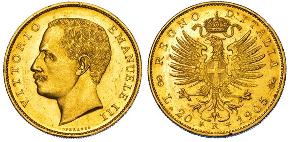 REGNO D'ITALIA. VITTORIO EMANUELE III DI SAVOIA, 1900-1946.  20 Lire 1905. Aquila.