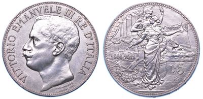 Vittorio Emanuele III di Savoia, 5 Lire 1911. Cinquantenario
