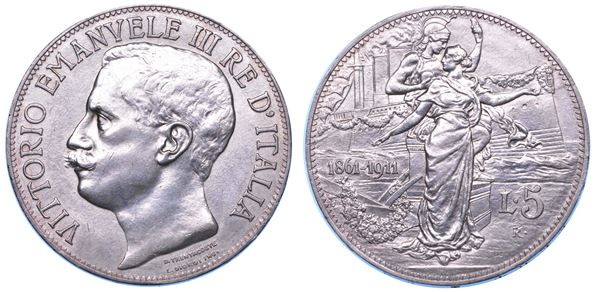 REGNO D'ITALIA. VITTORIO EMANUELE III DI SAVOIA, 1900-1946. 5 Lire 1911. Cinquantenario.