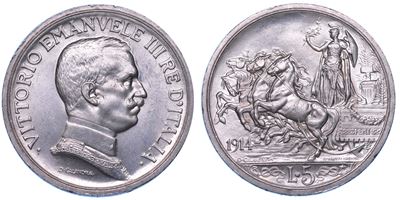 VITTORIO EMANUELE III DI SAVOIA, 5 Lire 1914 - Quadriga Briosa